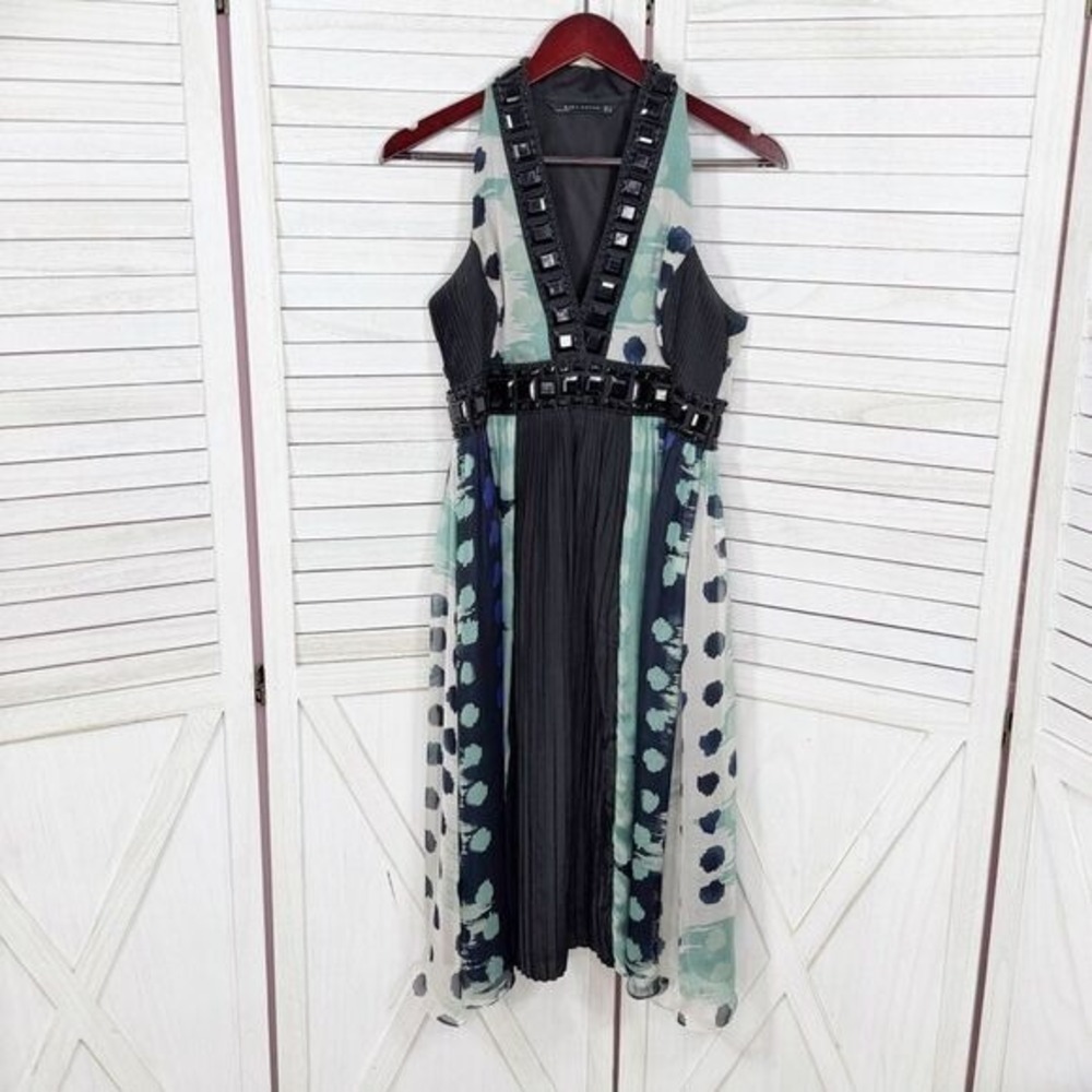 Zara Beaded Silk Pleated Multi Pattern Fit Flare Halter Dress Black Teal Medium - Picture 10 of 15